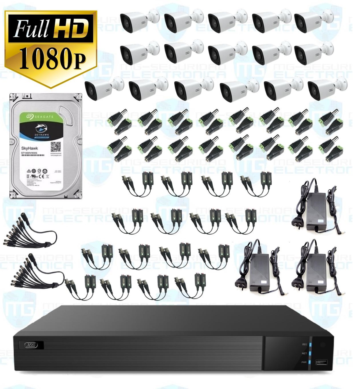 DVR, disco 4 TB, 16 cámaras bullet, balunes, 3 fuentes y conectores.